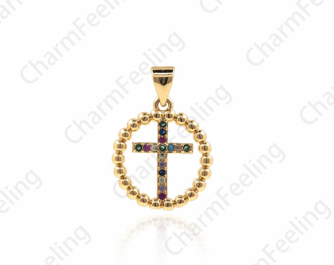 CZ Micro Pave Cross Jewelry,Round Cross Pendants,Hollow Circle Cross Necklaces 22.2×15.6×1.9mm 1pcs