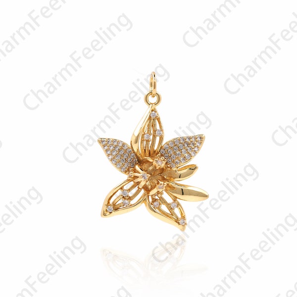 Orchid Pendant, Pave orchid, Flower Charm, Orchid Charm, DIY Jewelry Making Accessories 31x20.8x7.8mm 1pcs