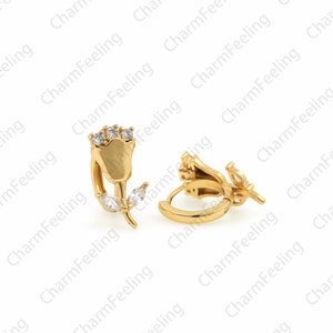 1 Pair, 18K Gold Filled Flower Earrings, Flower Charm, Micropavé CZ Plant Earrings, Plant Charm, Stamp Earrings, 19x14x10mm