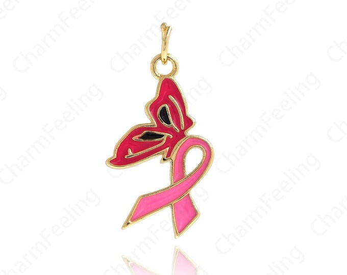 18K Gold Filled Butterfly Ribbon Pendant,Cancer Awareness Charm Bracelet Necklace for DIY Jewelry Making Supply,25.5x12.7x2mm