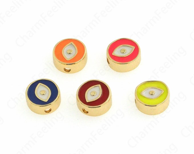 Round Beads,Flat Beads, 18K Gold Filled Eye Beads, Enamel Beads, DIY Bracelet Necklace Accessories 10x10x4.5mm