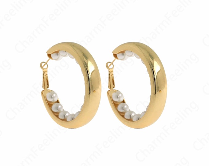 Cartilage Earrings, Pierced Earrings, 18K Gold Filled Pearl Earrings, Pearl Charm,Micropavé CZ Earring Charm,DIY Jewelry Supplies,53x51x10mm