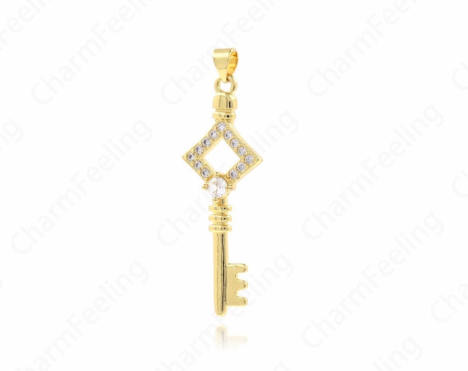 18K Gold Filled Key Necklace,Pearl Key Pendant,Dainty Key Charm, DIY Jewelry Supplies, 44.5x14x4mm