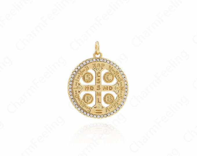 18K Gold Filled Saint Benedict Cross Charm, CSSML Benedictine Gold medal Charm,Micropavé CZ Round Pendant,27x21.5x2.5mm