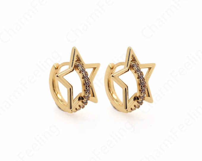 1 pair 18K Gold Filled Star Hollow Earrings, Pentagram Earrings, Star Line Earrings, Star Charm, DIY Jewelry Accessories 16x18x15mm