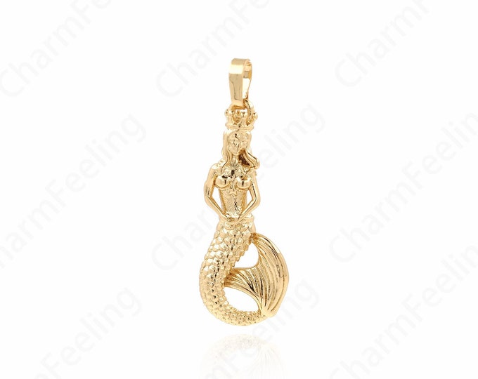 Ocean Necklace, Mermaid Pendant, Puffed Pendant, 18K Gold Filled Mystical Creature Charm, DIY Jewelry Supplies, 36x12x4mm