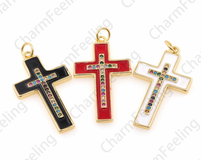 Enamel Cross Pendant, CZ Cross Necklace, Cross Charm, Religious Charm, DIY Jewelry Making Accessories 34.7×17.8×2mm 1pcs
