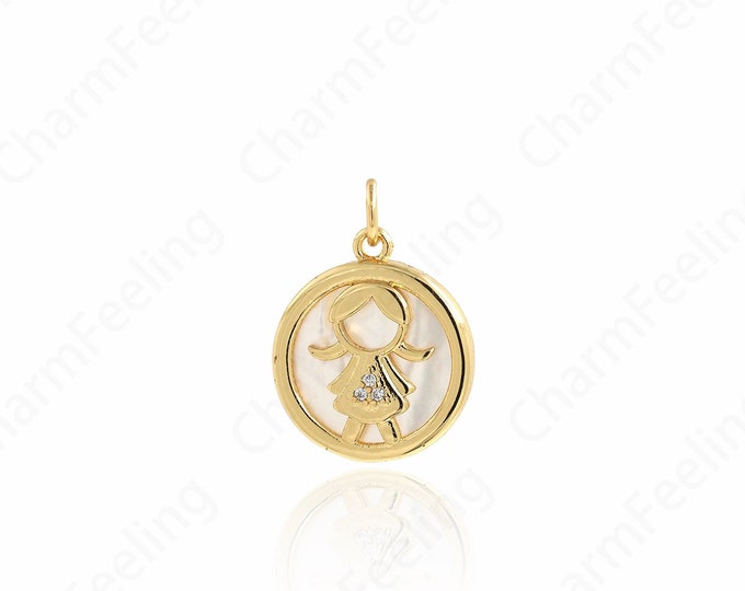 Micropavé CZ Kids Charm, 18K Gold Filled Girl Necklace, Girl Charm, Girl Pendant, DIY Jewelry Supplies, 15.4x20.4x3mm