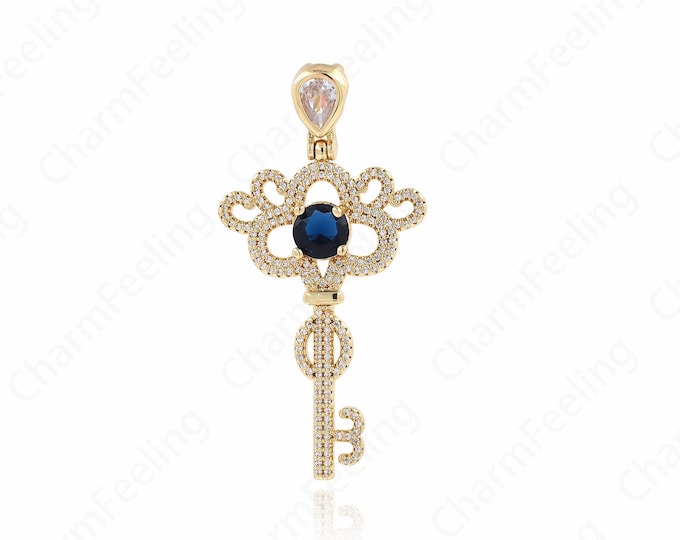18K Gold Filled Key Necklace, Dainty Key Pendant, Micropavé CZ Key Charm, DIY Jewelry Supplies, 59x30x6mm