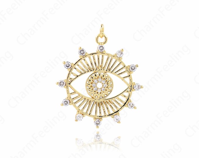 Micropavé CZ Round Eye Necklace,18K Gold Filled Eye Pendant,Dainty Eye Charm,DIY Jewelry Making Accessories 30x30x3mm