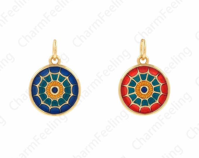 Cobweb Pendant, Enamel Charm, 18K Gold Filled Round Necklace, Cobweb Charm, DIY Jewelry Supplies, 12x17.5x1.8mm