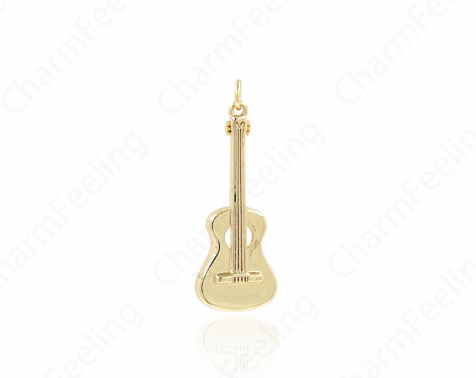 Instrument Charm,Instrument Charm,18K Gold Filled Guitar Necklace,Micropavé CZ Guitar Pendant,Guitar Charm,DIY Jewelry Supplies,38x14x4mm