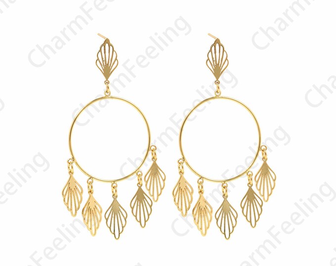 18K Gold Filled Hollow Round Earrings, Tassel Earrings,Tassel Charm, Hoop Earrings, Big Circle Earrings, 72x33mm 1 Pair
