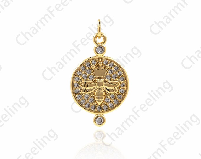 18K Gold Filled Coin Necklace,Micropavé Cubic Zirconia Bee Pendant,Bee King Necklace,Bee charm,DIY Jewelry Component 22x12x2mm