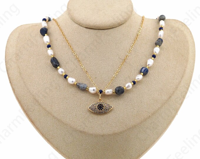Micropavé CZ Freshwater Pearl Necklace, Dainty Eye Necklace, 18K Gold Filled Spacer Bead Necklace, Gift For Her, Everyday Necklace,43cm