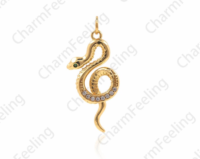 18K Gold Filled Snake Pendant, Snake Necklace, Micropavé CZ Gold Snake Pendant, Gold Snake Necklace, Snake Charm, 31x14.5x4mm