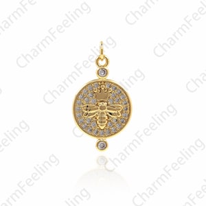 18K Gold Filled Coin Necklace,Micropavé Cubic Zirconia Bee Pendant,Bee King Necklace,Bee charm,DIY Jewelry Component 22x12x2mm