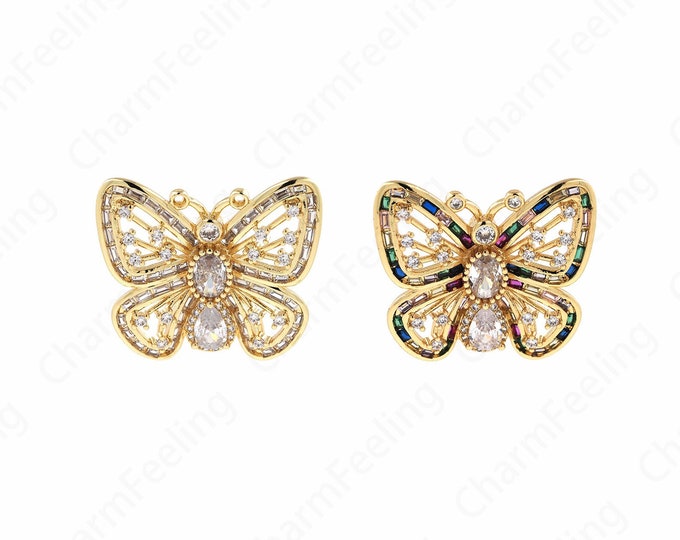 18K Gold Filled Butterfly Necklace, Butterfly Pendant, Micropavé CZ Insect Charm, Butterfly Charm, DIY Jewelry Supplies, 28.5x33x9.5mm