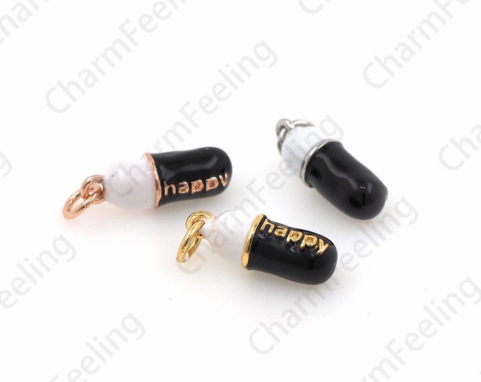 Enamel Black Mini Pill Pendant, Happy Pill Necklace, Enamel Pill, Pill Charm, DIY Jewelry Making Accessories 20x6x6mm 1pcs