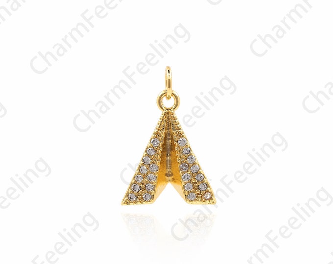 Gold-Plated Paper Airplane Pendant,Micro Pave Airplane Charms For Jewerly Making 16×11×3.8mm 1pcs
