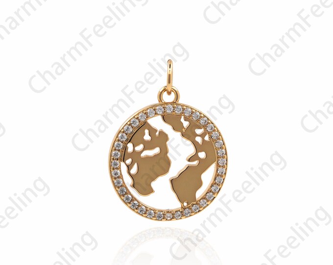 World Map Pendant,Globe Traveler Necklace, CZ Pendant, Traveler Charm, World Map Charm, DIY Jewelry Making Accessories 22.5x17x2mm 1pcs