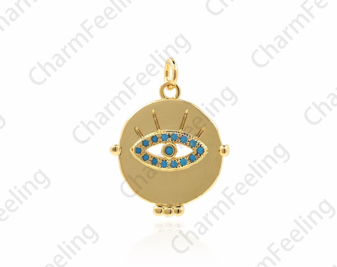 18K Gold Filled Round Eye Pendant, Eye Charm, Turquoise Pendant, Eye Charm, Coin Pendant, DIY Jewelry Accessories, 22x17x2mm