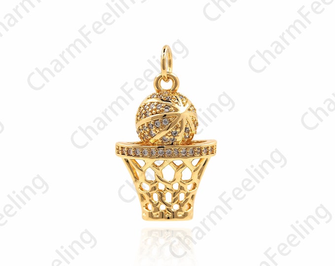 18K Filled Gold Basketball Pendant, Basketball Box Pendant, Sports Charm, Bracelet Necklace Earring Component Supplies 24x14x4mm 1pcs