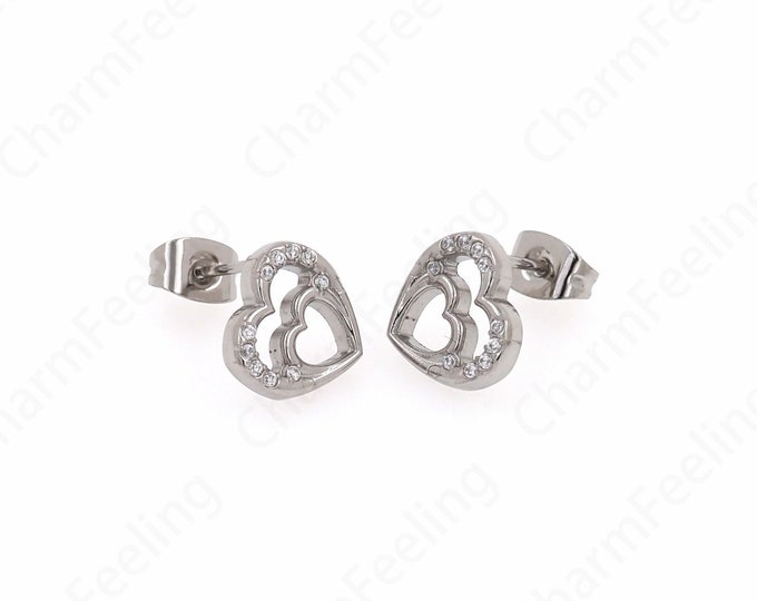 Stainless Steel Earrings,  Silver Filled Love Earrings, Heart Earrings, Micro pavé CZ Simple Earrings, DIY Jewelry Supplies,10x10.5x1.8mm