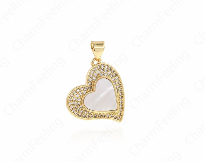 18K Gold Filled Heart Shaped Charm, MicroPave CZ Oil Drop Heart Pendant, Heart Necklace,DIY Jewelry Making Supplies 24x18.5x3mm