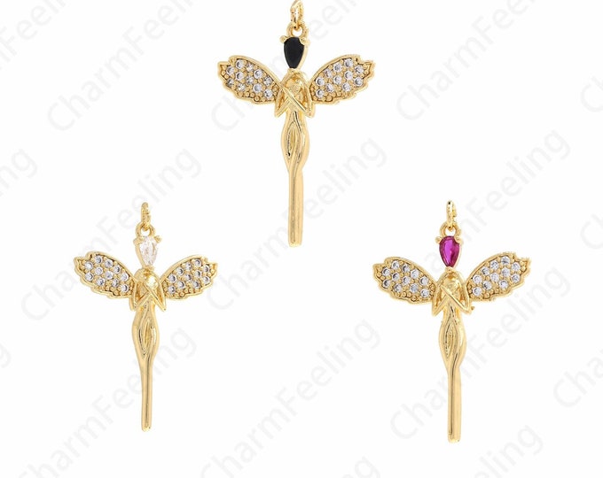 Elf Dangle Charm,18K Gold Filled Elf Sprite Pendant,Flower Fairy Charm,Mysterious Creature Charm,DIY Jewelry Supplies,35.5x24x3.5mm