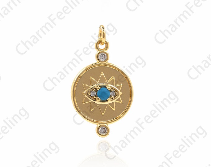 18K Gold Filled Eye Necklace,Micropavé Cubic Zirconia Gold Coin Pendant,Eye Ornament, Magic Eye Pendant,Lucky Gold Coin Charm,22x12x3mm