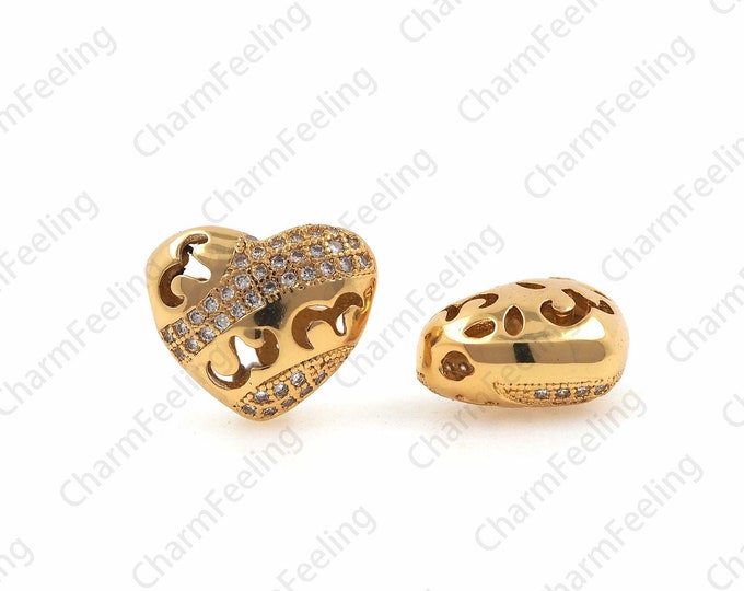 CZ Hollow Heart Bead，18k gold plated Sweet Heart Bead，Hollow Flower Heart 13 ×11× 6.6mm 1pcs