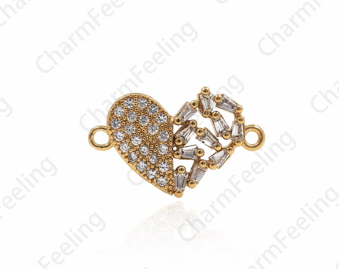 18K Gold Filled Micro Pave Heart Linker, Love Link Connector, Heart Charm, Gift For Her, DIY Jewelry Making Accessories 12x19.5x2.3mm