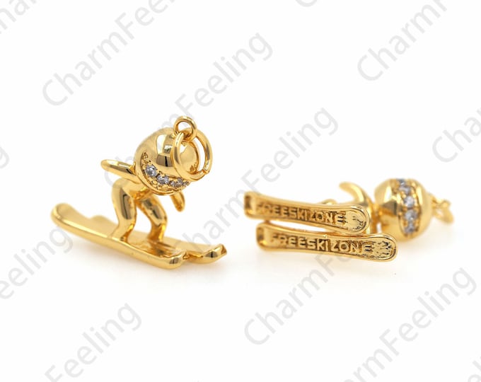Gold Winter Sports Pendant, Skier Charm, Sports Charm, Metal Ski Necklace, DIY Jewelry Making Accessories 19×17.8×5.8mm 1pcs