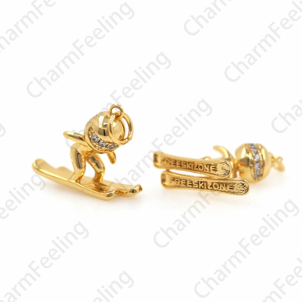 Gold Winter Sports Pendant, Skier Charm, Sports Charm, Metal Ski Necklace, DIY Jewelry Making Accessories 19×17.8×5.8mm 1pcs