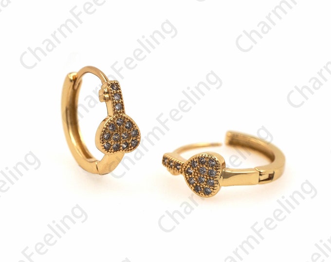 18K Gold Filled Key Earrings, Key Charm, Hug Hoop, DIY Jewelry Accessories 14x15mm 1 pair