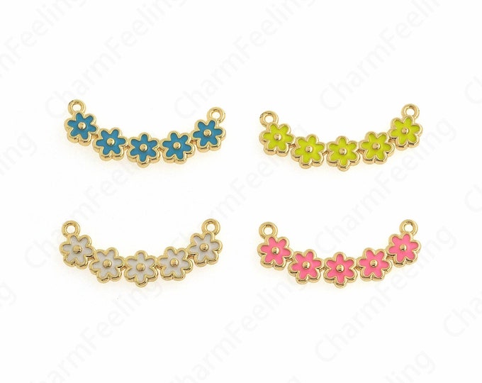 18K Gold Filled Bar Charm, Flower Pendant, Enamel Charm, Curved Charm, DIY Jewelry Supplies, 9.5x25.5x2mm