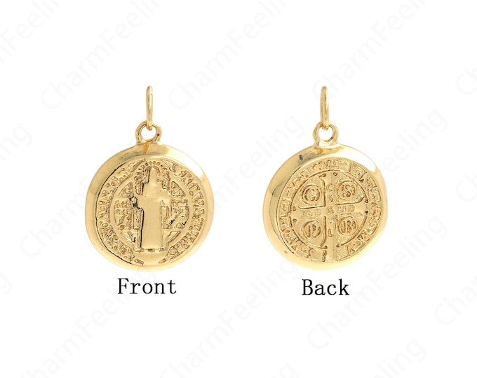 Saint Benedict Pendant, 18K Gold Filled Religious Pendant,Dainty Round Charm, DIY Jewelry Supplies,21x14.5x3mm