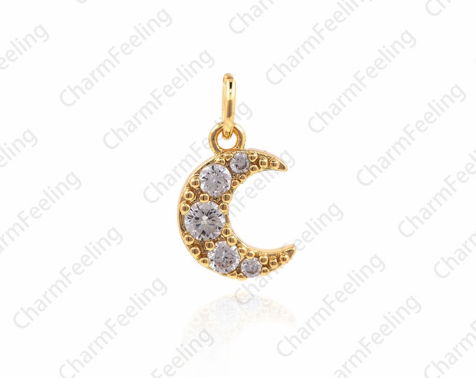 CZ Pave Half Moon Pendant，Gold Moon Charms，gold crescent moon Necklace 12.5 ×7x2mm  1pcs