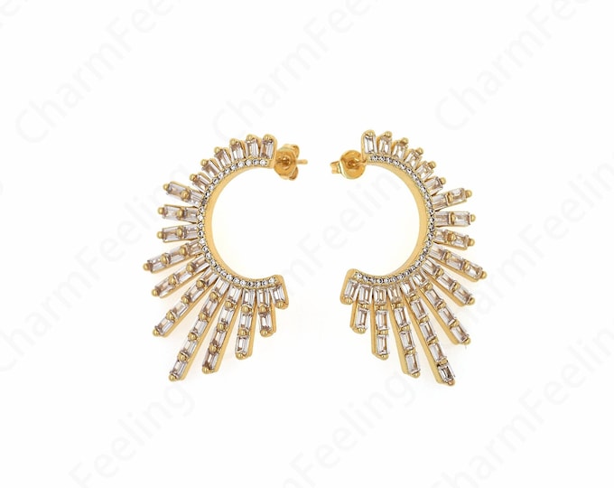 1 Pair,Wings Earrings,Micropavé CZ Crescent Earrings, 18K Gold Filled Moon Earrings,Zircon Earrings, A Gift For Her,36x24x2.5mm