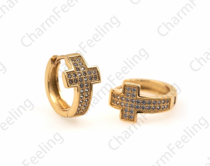 18K Gold Filled Cross Earrings,Brass Gold-Plated Earrings,Eeligious Earrings,Religious Charm, A Gift For Her 15.5x16.5mm 1 Pair