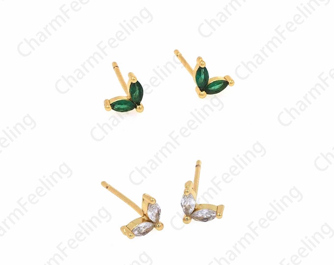 18K Gold Filling Grass Earrings,Plant Charm,Micropavé CZ Clover Earrings, Pierced Earrings, Plant Earrings,Exquisite Earrings,6.3x4.2x4.7mm