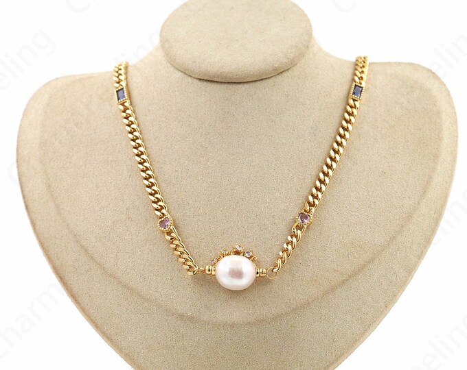 Everyday Necklace,Freshwater Pearl Necklace, Micropavé CZ Pearl Necklace, 18K Gold Filled Spacer Bead Necklace, Gift For Her, 48cm