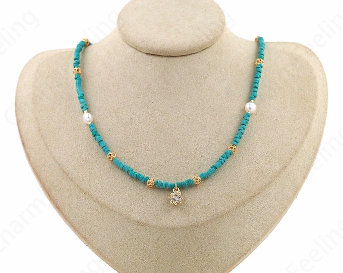 Gemstone Necklace, 18K Gold Filled Star Pendant Necklace, Pearl Necklace, Beaded Necklace, Gift For Her, Pearl Jewelry, 44cm