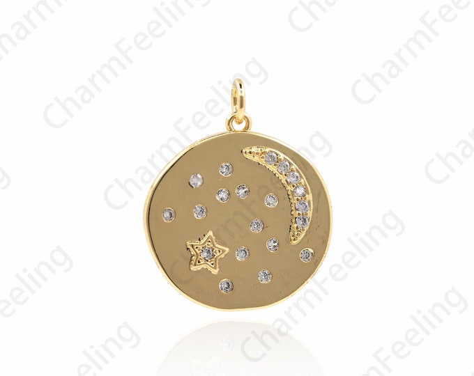 18K Gold Filled Micro-Pave Star And Moon Pendant, Star Pendant, Moon Pendant, Universe Charm, Star Charm, Moon Charm 25x20x2mm 1pcs
