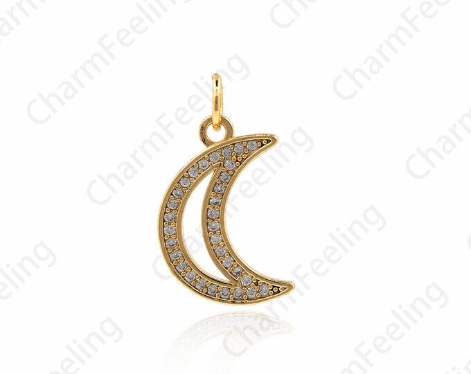 18K Gold Filled Moon Pendant, Micro-Pave Moon Necklace, Moon Charm, Crescent Charm, DIY Jewelry Bracelet Necklace Making Supplie 20x11x1.5MM
