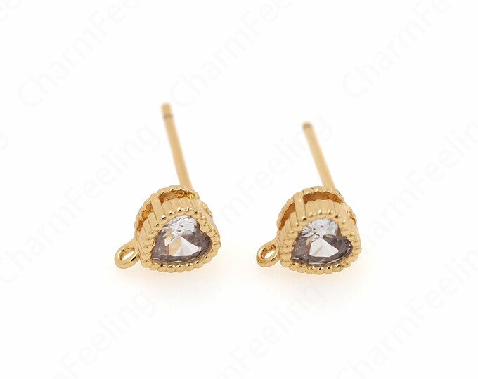 Single Stone Earrings, 18K Gold Filled Heart Earrings, Micro pavé CZ Heart Earrings, Earring Accessories, DIY Jewelry Supplies, 6.6x5x3mm
