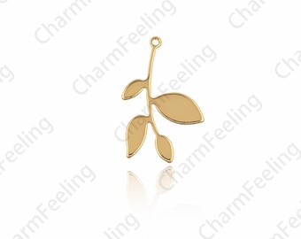Collar con colgante de rama chapado en oro de 18 quilates, colgante de hoja, dije de rama, planta sola, dije de planta, accesorios para hacer joyas DIY, 24x15x1 mm