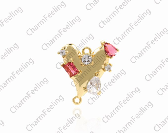 Micropave CZ oblique heart connector, 18K gold filled heart connector, heart charm, hand link head, DIY jewelry accessories, 18.5x18x4mm