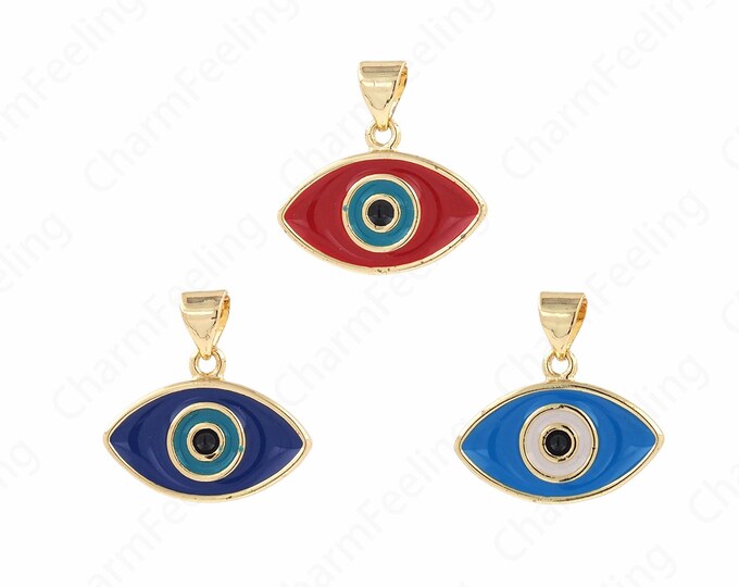 18K Gold Filled Devil's Eye Pendant, Enamel Charm, Micropavé CZ Eye Pendant, Lucky Eye Necklace, DIY Jewelry Supplies, 18x18.5x2.5mm